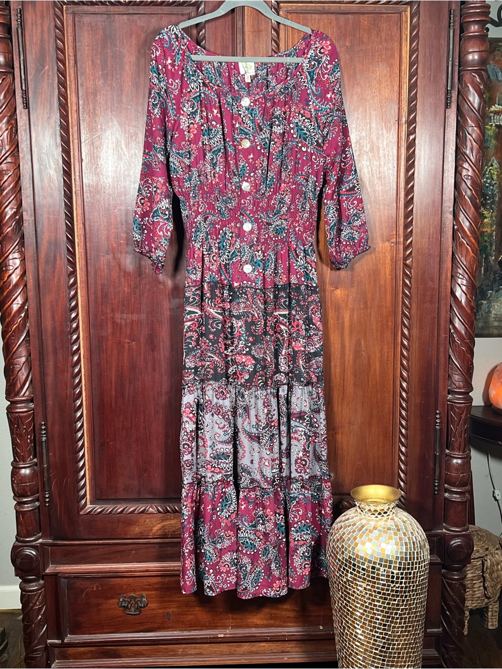 NWOT Never Worn. Fig & Flower Maroon Burgundy Paisley Tiered Maxi Fall Dress L